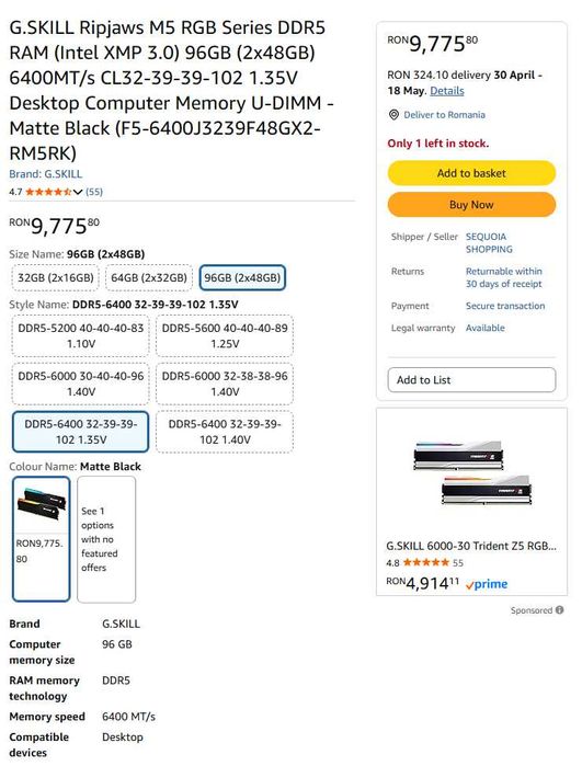 96GB DDR5 (2x48GB) 6400 MHZ CL32 G.SKILL Ripjaws M5  (Intel XMP 3.0) NOI, Garantie