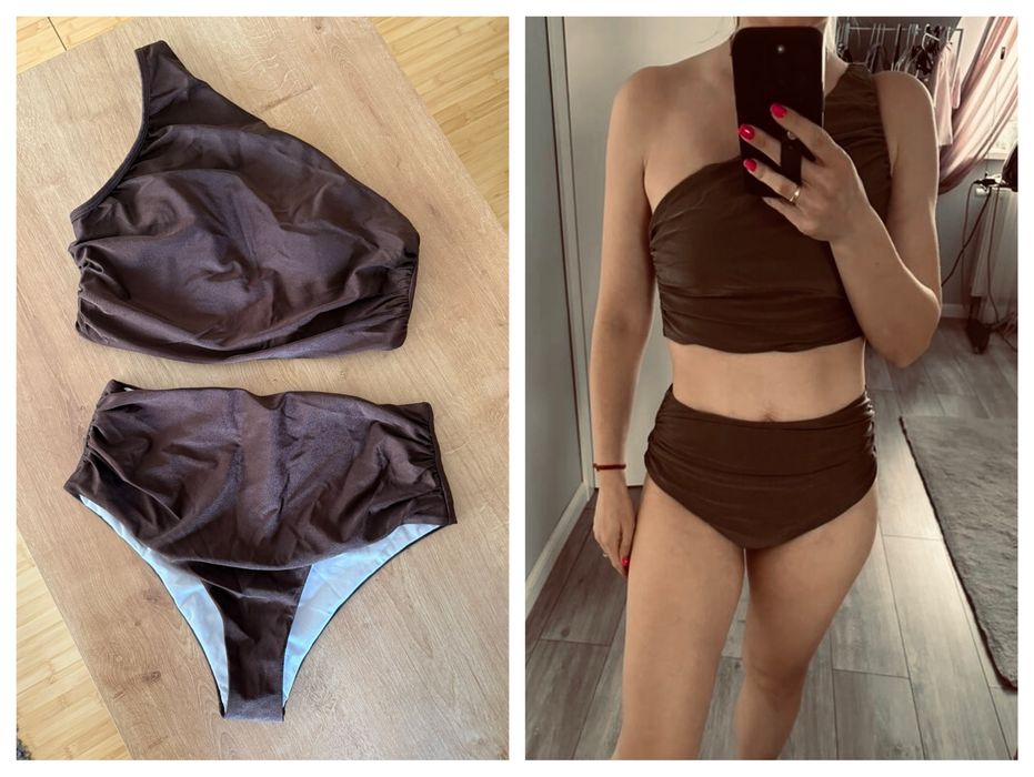 Бански висока талия и едно рамо в кафяво