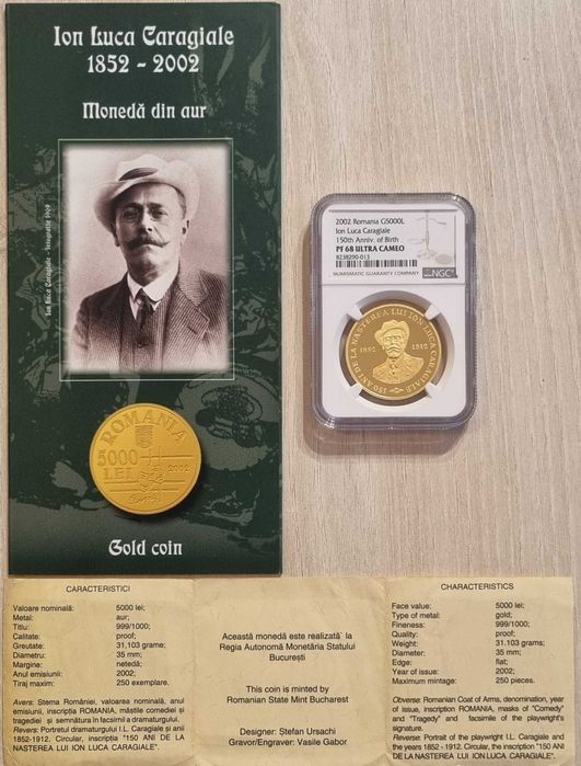 Moneda aur BNR 5000 lei, Ion Luca Caragiale gradata NGC PF 68