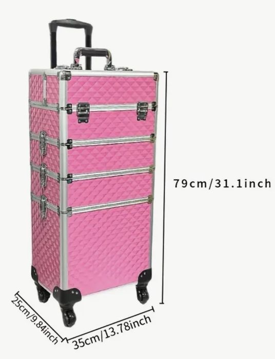 Куфар за грим 120L, 4 слоя, черна със сребристо, с колела и дръжки