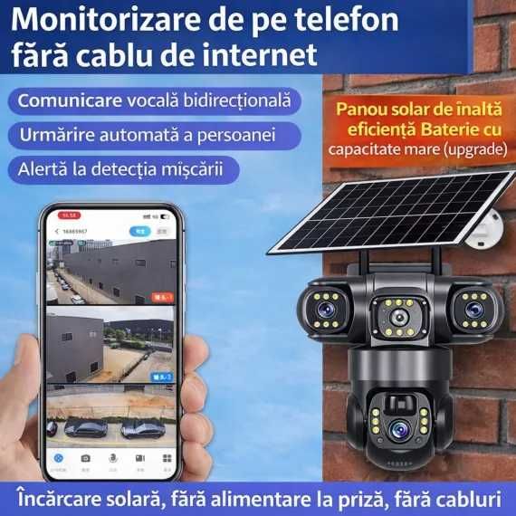 Camera supraveghere panou solar 4K 4G 12MP WIFI cu 4 camere vedere nocturna audio senzor miscare