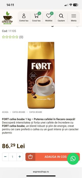 Cafea boabe, Fort, 100% Robusta, 1 kg (stoc 5 kg)