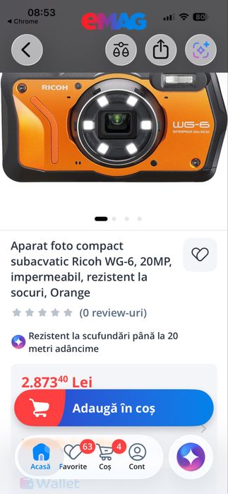 Aparat foto compact subacvatic Ricoh WG-6, 20MP, impermeabil, rezistent la socuri, Orange