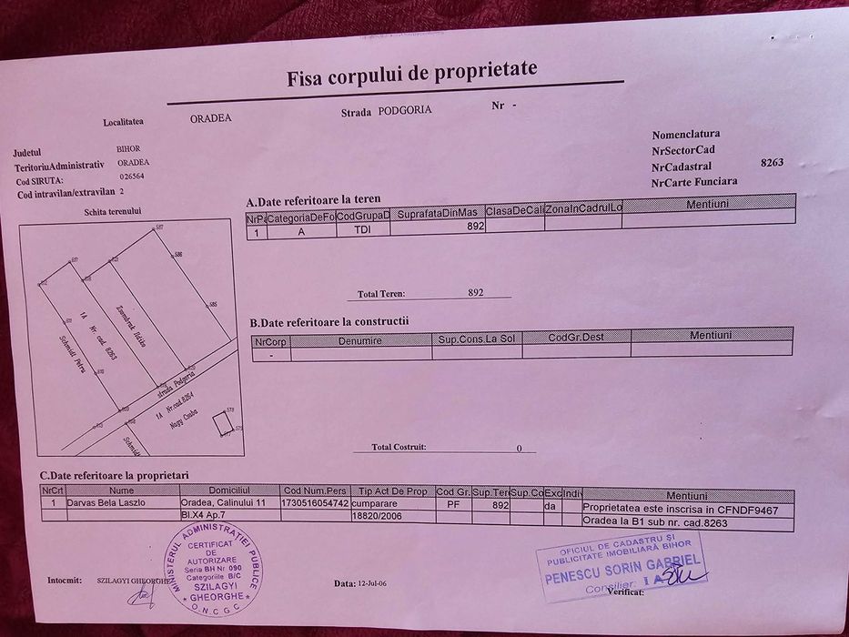 De vanzare teren intravilan in Cartierul Podgoria 892mp