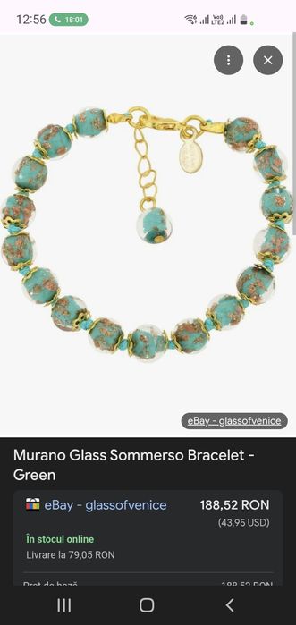 Bratara sticla veritabilă Murano verde, eleganta, NOUA, în cutia sa