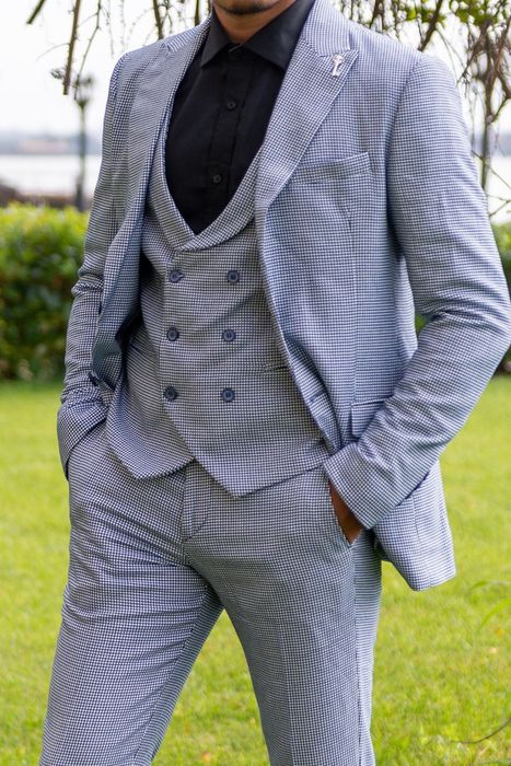 Costum albastru carouri vesta,sacou și pantaloni