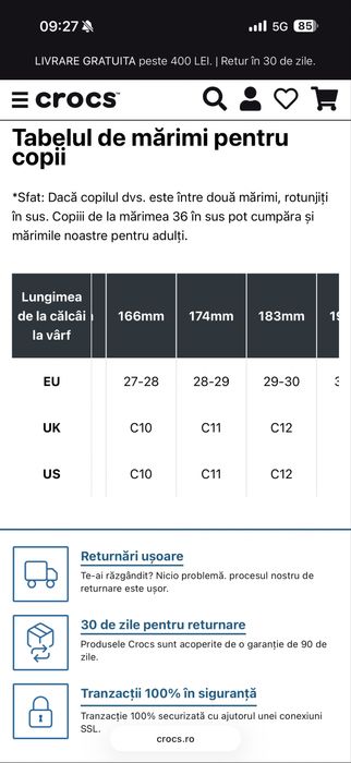 Papuci crocs c 10, marime 27-28, 16,6 cm interior
