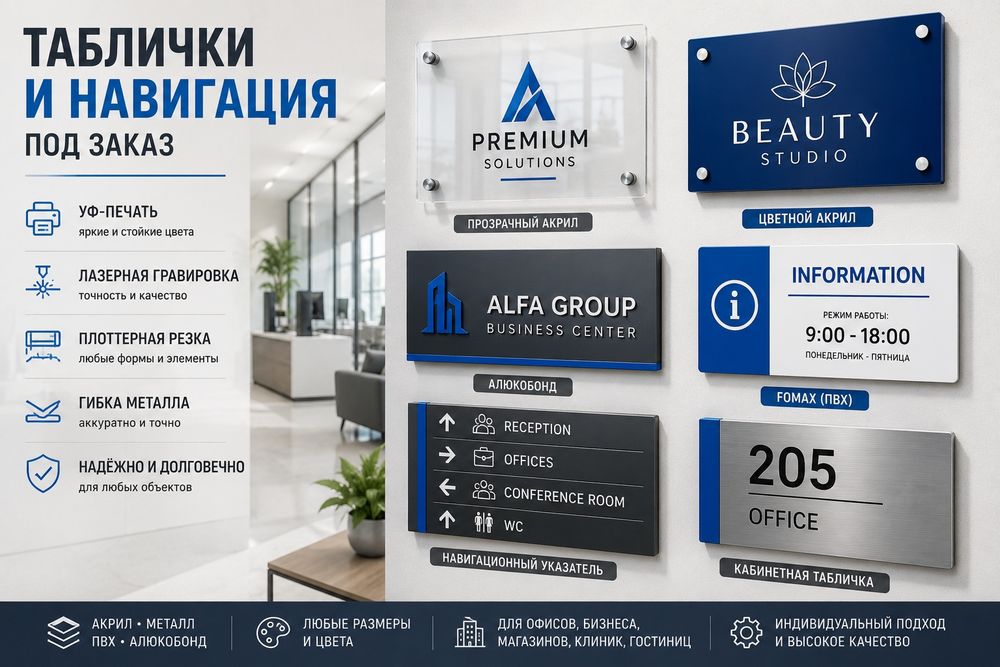 Таблички и навигация под заказ | акрил, металл, ПВХ, алюкабонд