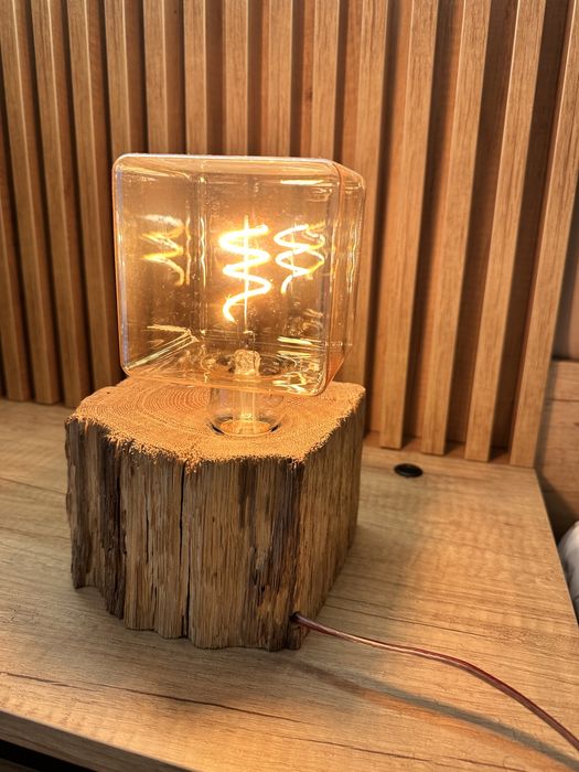 Piesa unicat - Lampa artizanala lemn masiv + bec filamen warm light