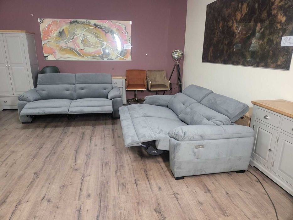 Сив комплект дивани от плат две тройки с ел релакс механизъм