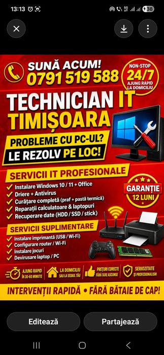 Reparații calculatoare laptop imprimanta router wifi curatare pc laptop upgrade ssd ram  cpu gpu instalare windows 11,10  la domiciliu Recuperare date