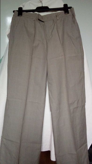 pantaloni Stefanel, ecosez gri - bleu, largi, cu manseta, 40/S, noi
