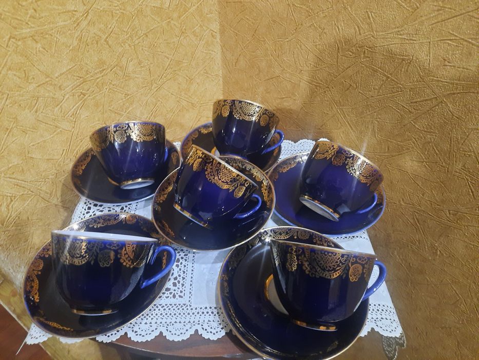 6 Чайных  пар "Золотой фриз"  по кобальту с цветами, ЛФЗ, 6 чашек и 6