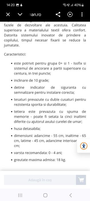 Scaun auto Kota baby 0-4ani pina la18kg