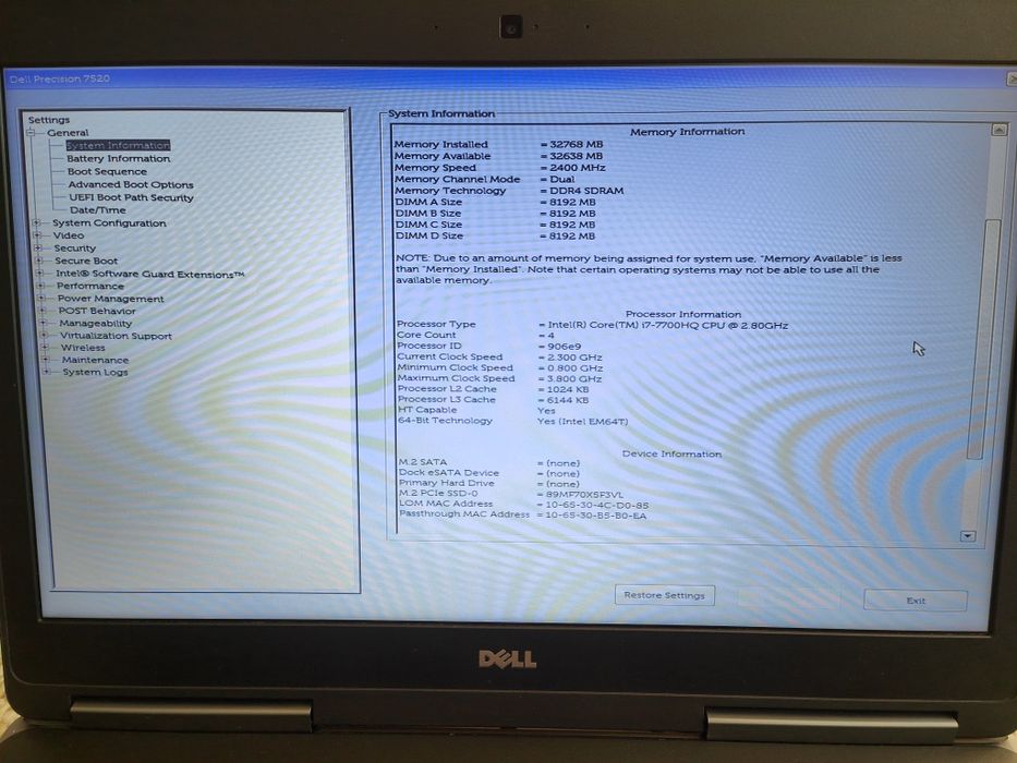 Laptop Dell Precision 7520 i7-7700HQ 32GB 512GB Quadro 2GB FullHD