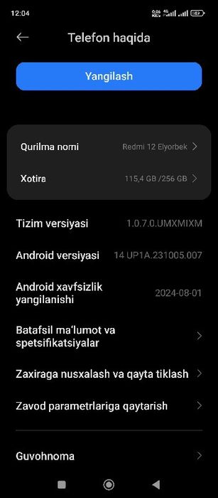 Mi 12 sotiladi 256gb