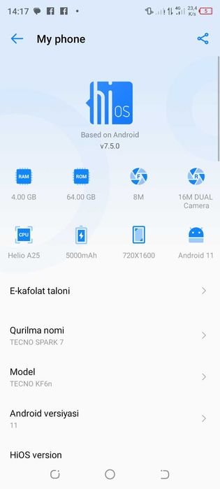 TecnoSpark 7  sotiladi 500 min