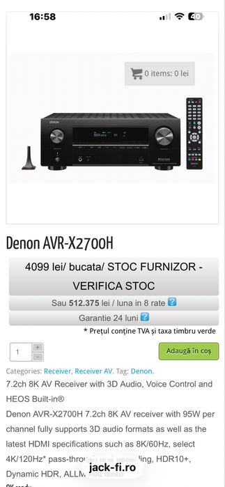 Receiver Denon AVR-X2700H,7.2/Dolby Atmos,8K,Wifi/Bluetooth/Heos