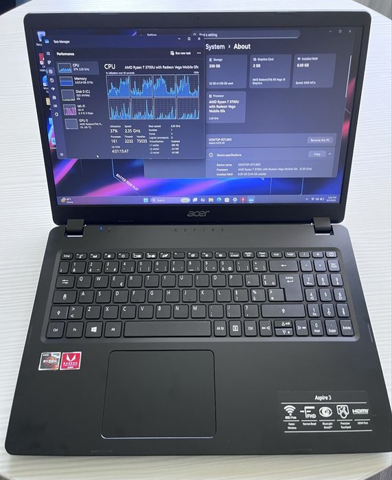 Laptop Acer Aspire - AMD Ryzen 7 3700u - 8Gb RAM - SSD 240Gb - 15.6 FullHD Slim - RadeonVega 10 2Gb