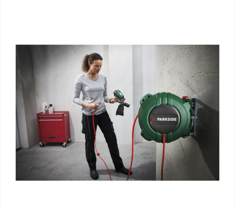 приставка за помпане на гуми макара и спирален маркуч на Parkside