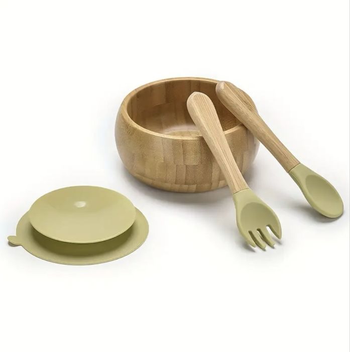 Детски бамбуков комплект за хранене с вакуумно дъно 4 части