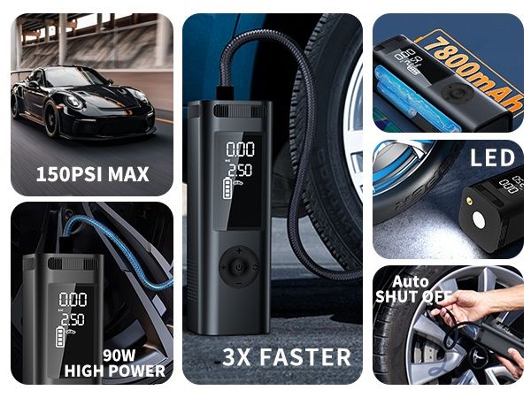 Преносим Компресор за Гуми, Цифрова Интелигентна Помпа Бързо Зареждане