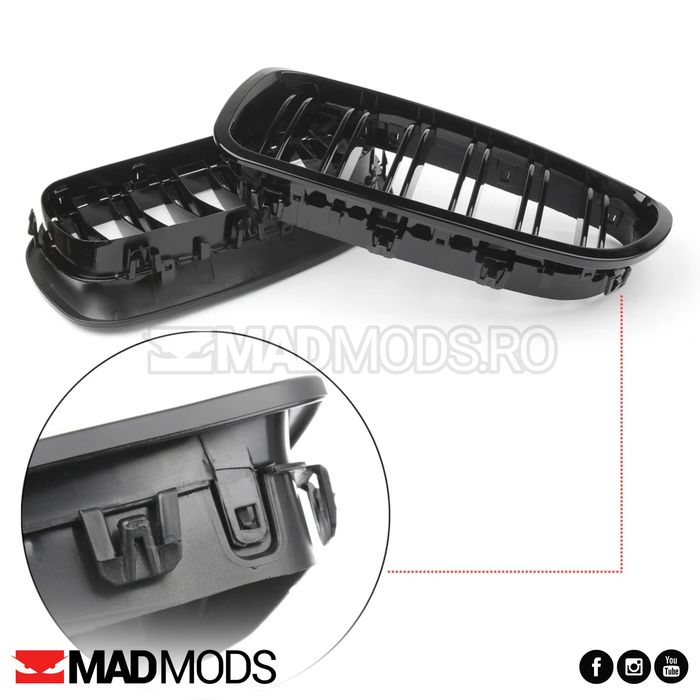 Set grile duble M BMW Seria 5 F10 F11 M5 2010-2017, Negru Lucios