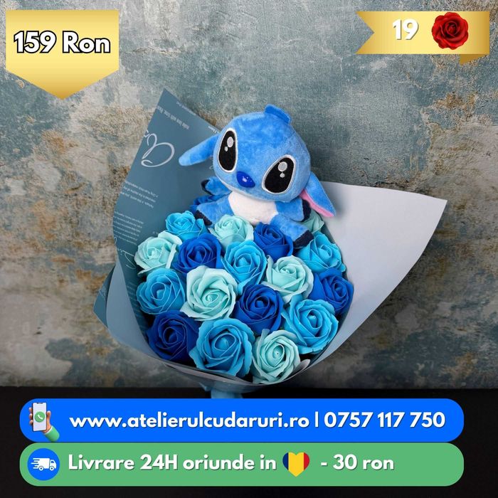 Buchete Trandafiri Sapun & Stitch & Sclipici cu Livrare