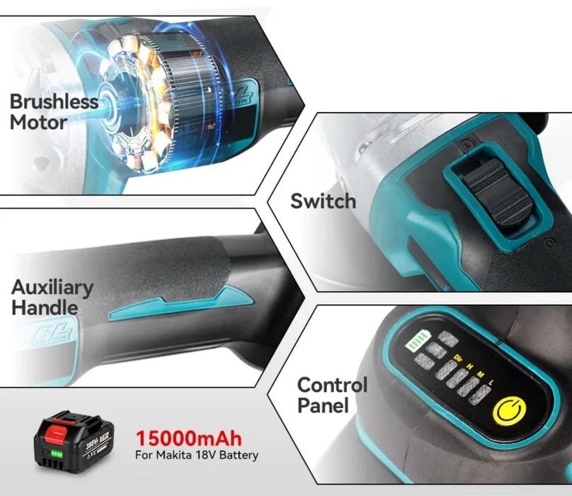 Polizor unghiular, motor fara perii, 3 viteze, cu 2 baterie, 1500W ~ Promotie ‼️