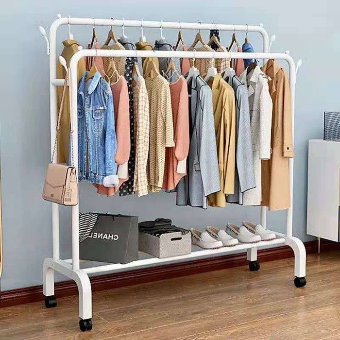 Вешалка для одежды напольная с полками и колёсами, металлическая