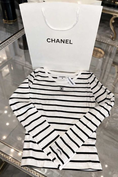 chanel блуза дълъг ръкав бяла черна топ есенна зимна шанел блузка райе