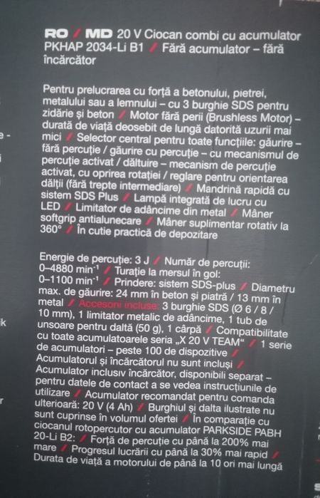 Ciocan rotopercutor Parkside Performnce 20V, 3j