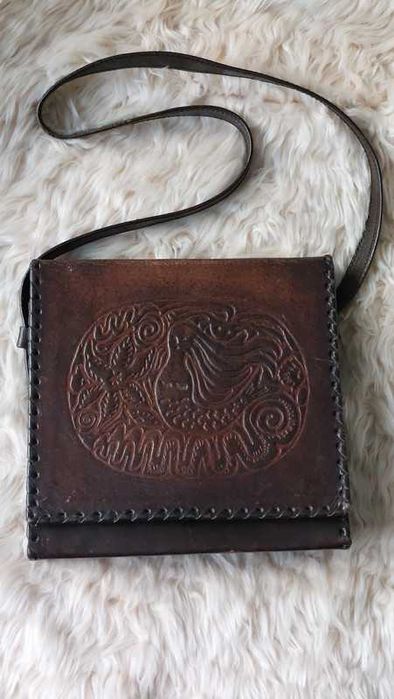 Geanta din piele vintage handmade, maro mahon