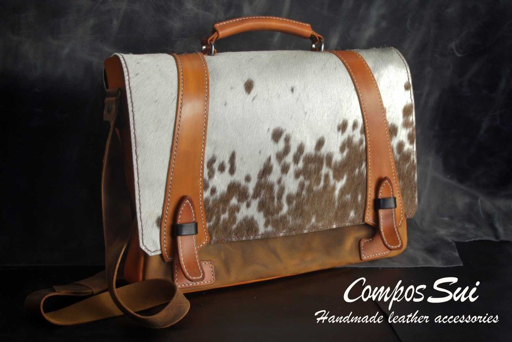 Чанта за лаптоп от естествена кожа с косъм