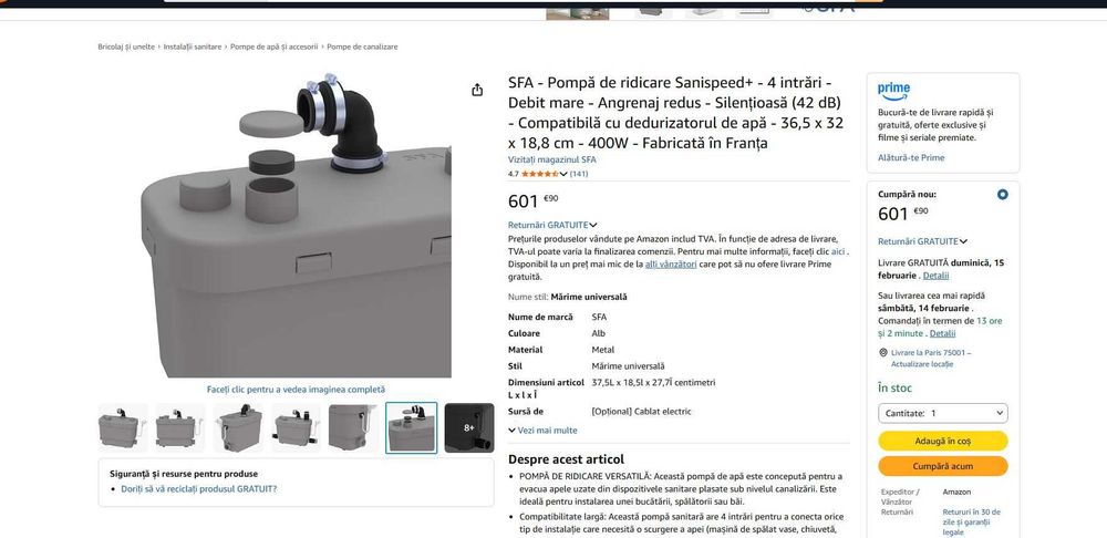 Pompă de ridicare SFA Sanispeed+ 4 intrări, Debit mare Angrenaj redus