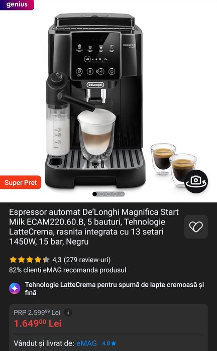 Espressor automat De’Longhi Magnifica Start Milk ECAM220.60.B, 5 bauturi, Tehnologie LatteCrema(Expressor, Expresor, Aparat de cafea)