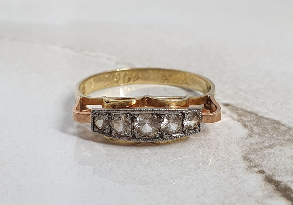 Inel vintage din aur de 14K cu pietre albe – mărimea 57, gramaj 2,32 g