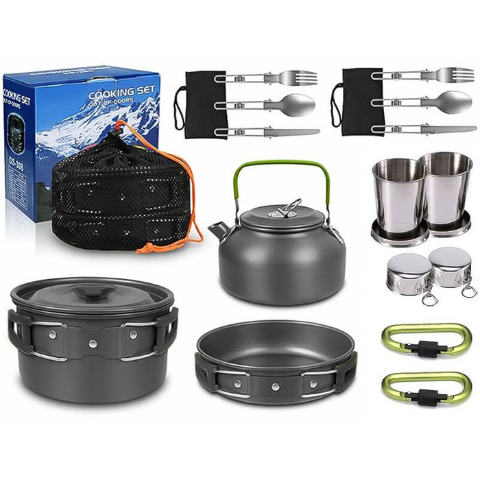 Къмпинг комплект за готвене, 18 части, лек комплект съдове и прибори