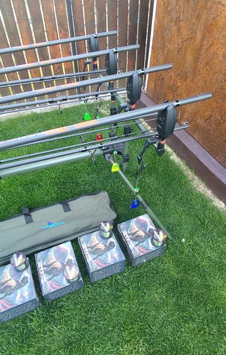Set Crap,4 Lansete Carbon 3,90m,4 Mulinete Tambur 14000 Metalic,12 Rulmenți,Rod Pod+4 Senzori+4 Swingere + Fir