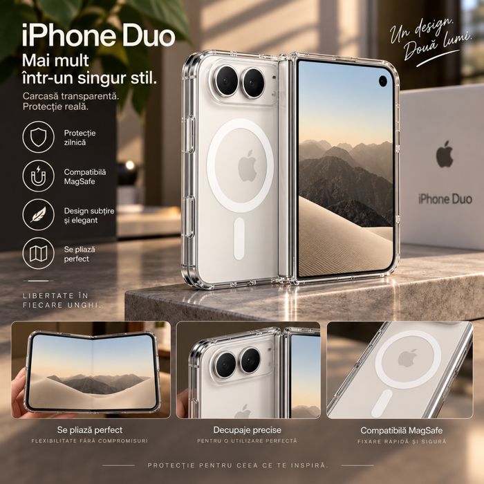 Husa de Protectie Transparenta pentru iPhone Duo, MagSafe, Slim, Pliabila, Margini Ridicate