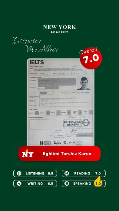 AQSHda tahsil olgan IELTS 8.0 Teacherdan ONLINE Ingliz tili va IELTS
