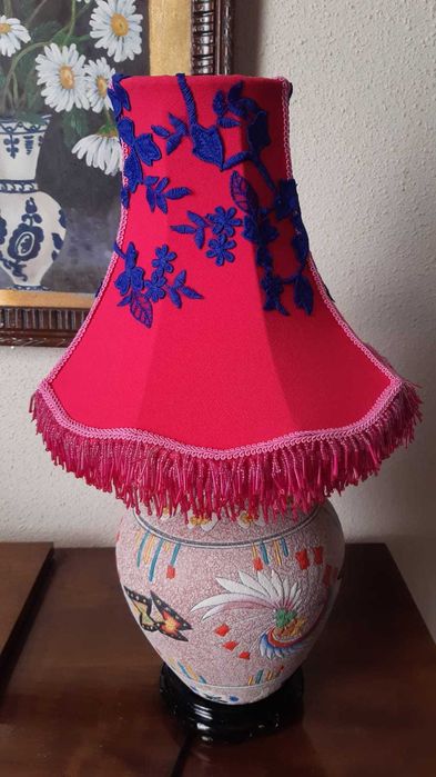 Veioza vintage in stil boho cu abajur roz