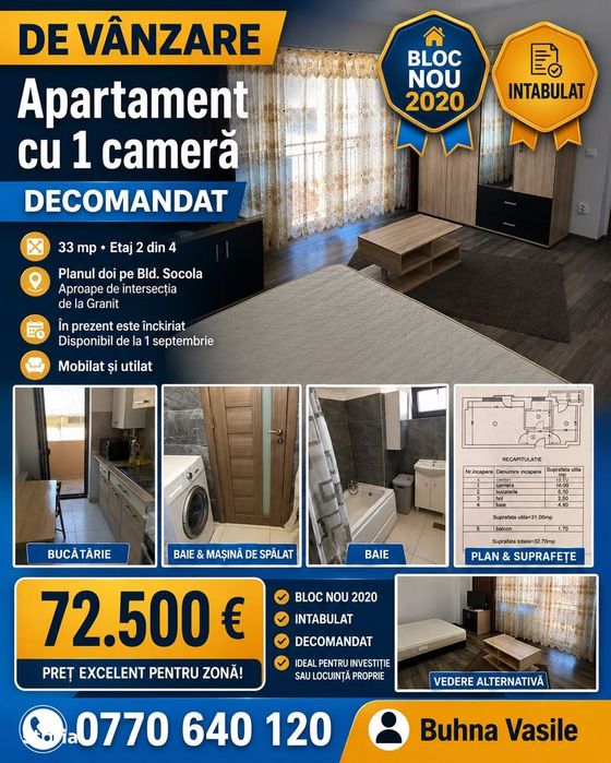 Bloc nou 2020 o camera decomandat intabulat mutare imediata bld socola