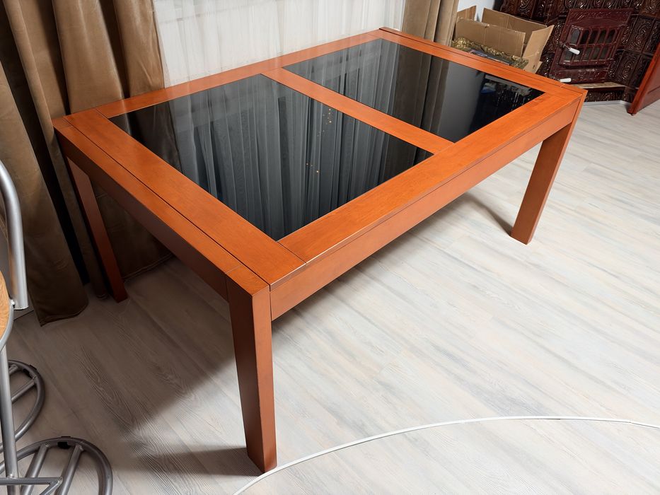 Masă sufragerie extensibilă lemn masiv cu sticlă neagră, 160→200 cm
