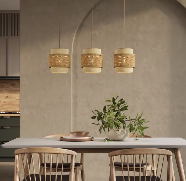 Висящи 3бр лампи от ратан и текстил 7563