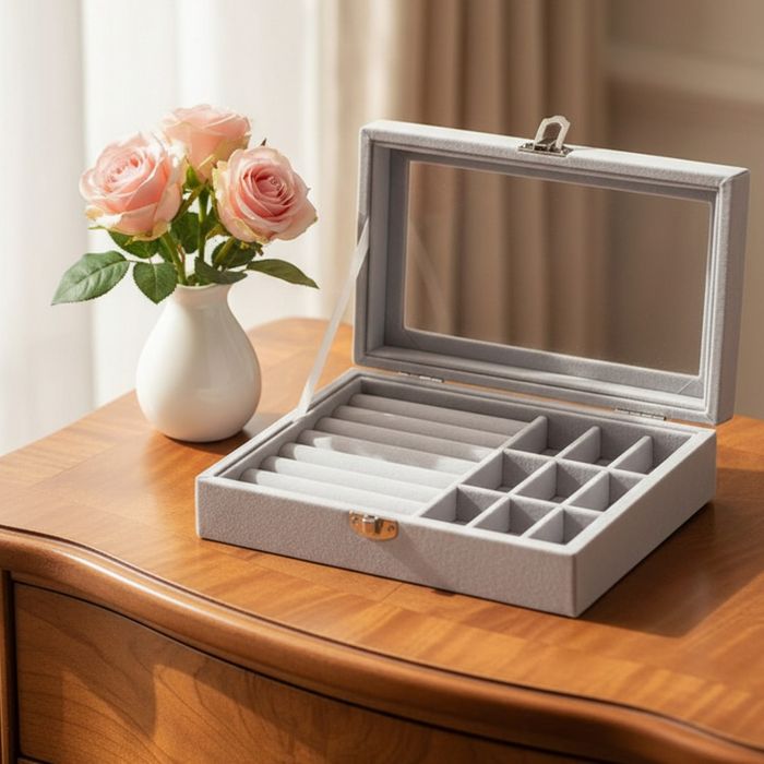 Кутия за бижута, сива, стъклен капак