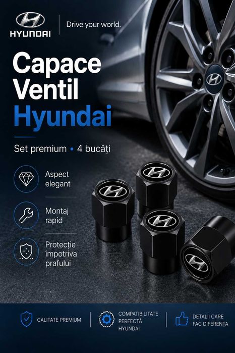 Set 4 capacele negre valva / ventil roata Hyundai
