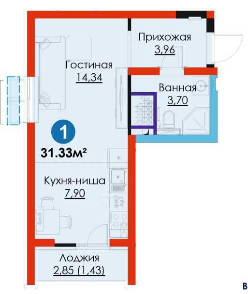 2,5 МЛН в месяц МЕТРО РЯДОМ, Рассрочка выгодная 1 комн-31,33м²(S)