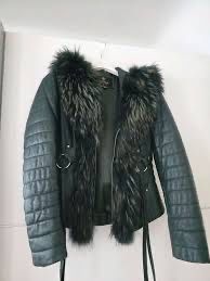 Яке, лисица и телешка кожа, висококачествено, зелен цвят