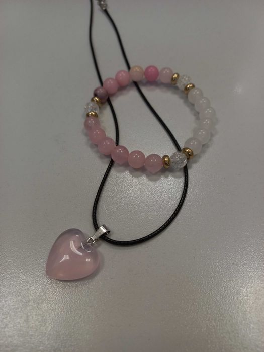 Колие Камък Сърце Розов кварц комплект с гривна